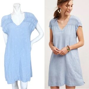 Anthropologie Maeve Paz Pale Blue Smocked Top Linen Blend Tunic Dress Size Small